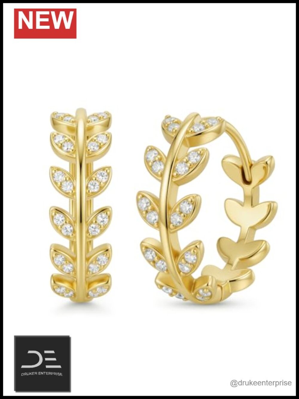 14K Gold Plated Leaf Huggie Hoop Earrings 20mm Botanical Vine CZ Pave Gift for